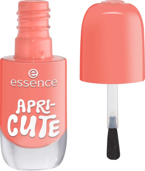 Pink nail polish bottle with a cap and brush inside. The label says APRI-CUTE and essence.