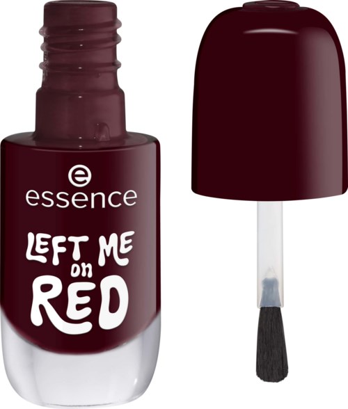 A burgundy nail polish bottle with a black cap and a brush attached, labeled 'Left Me on Red.'