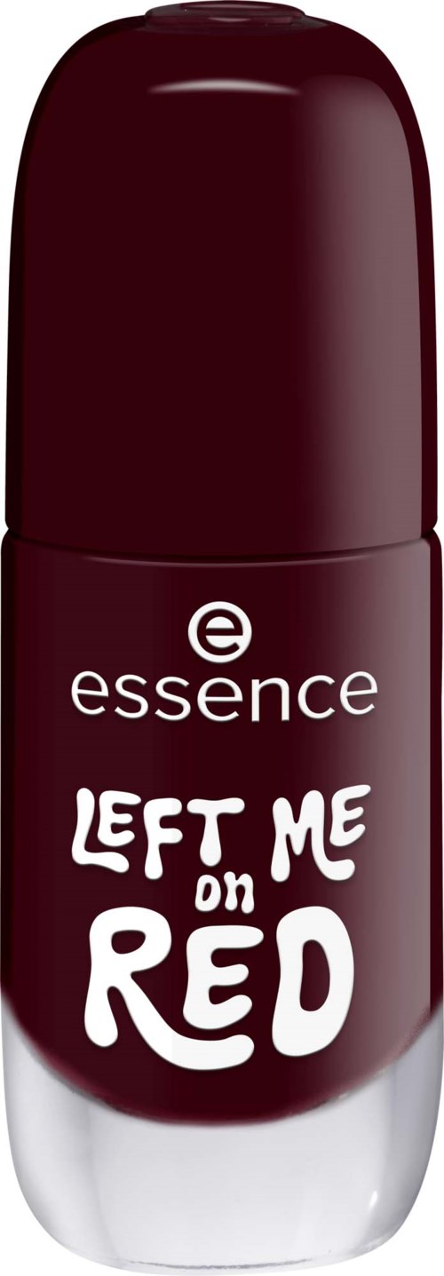 A burgundy lipstick with white text and a silver bottom. The label reads Essence, Left Me on Red.