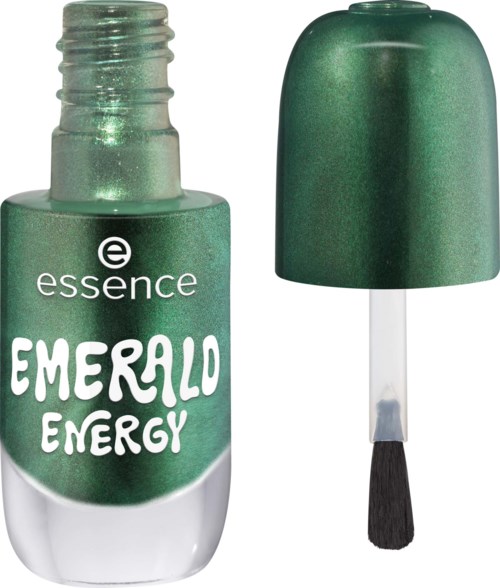 Green nail polish bottle with a cap and brush, labeled Essence Emerald Energy.