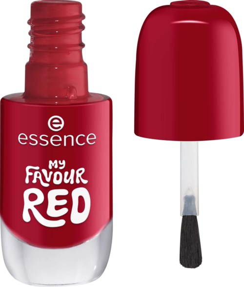 Red nail polish bottle with black brush and red cap inside. The label says Essence My Favourite Red.