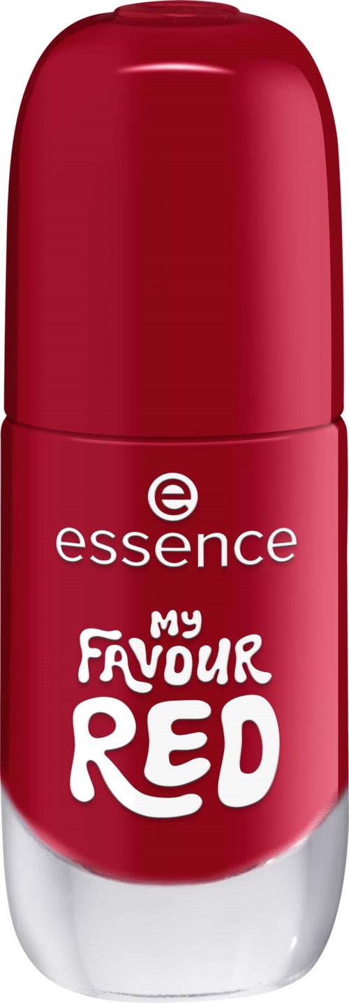 Red roll-on deodorant with white and black text, labeled as essence My Favour Red.
