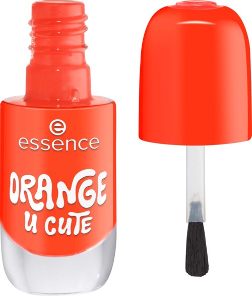 A small orange nail polish bottle with a white cap and a brush inside. It has the word 'ORANGE' and 'U CUTE' written on it.