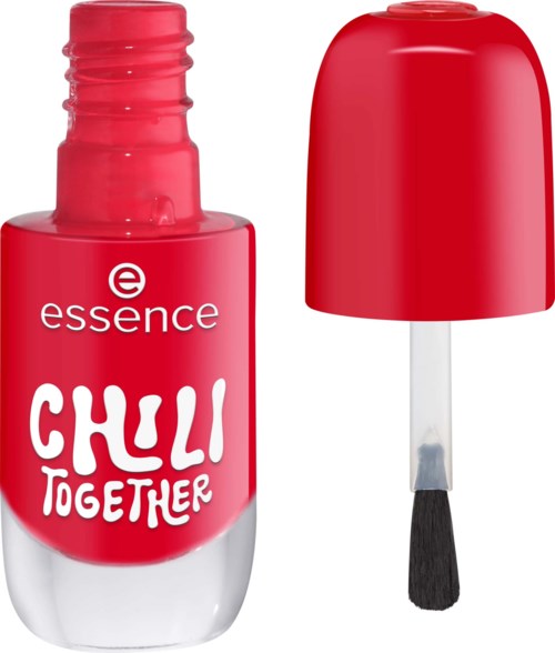 A bright red nail polish bottle with a white and black brush inside the cap.