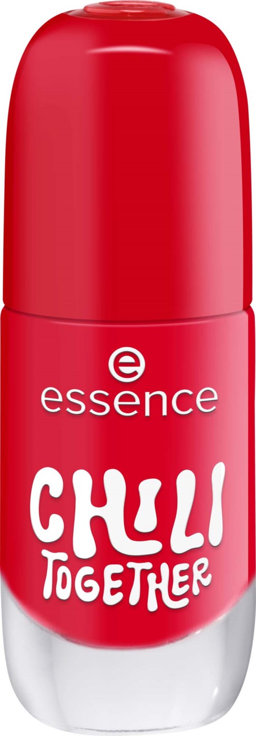 A red lotion bottle with a white cap, labeled essence chili together, with white and red text.