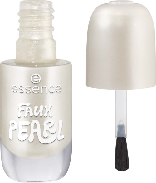 A bottle of Essence Fake Pearl nail polish with a brush and white cap. The label is white with name written on it.