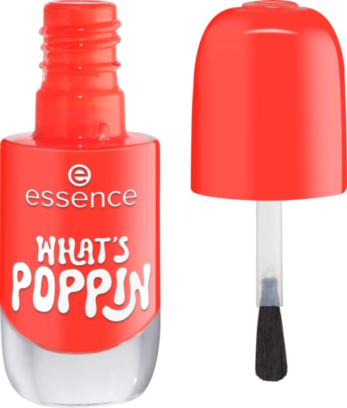 A bright red nail polish bottle with a detached cap and brush, labeled "What's Poppy" by Essence.