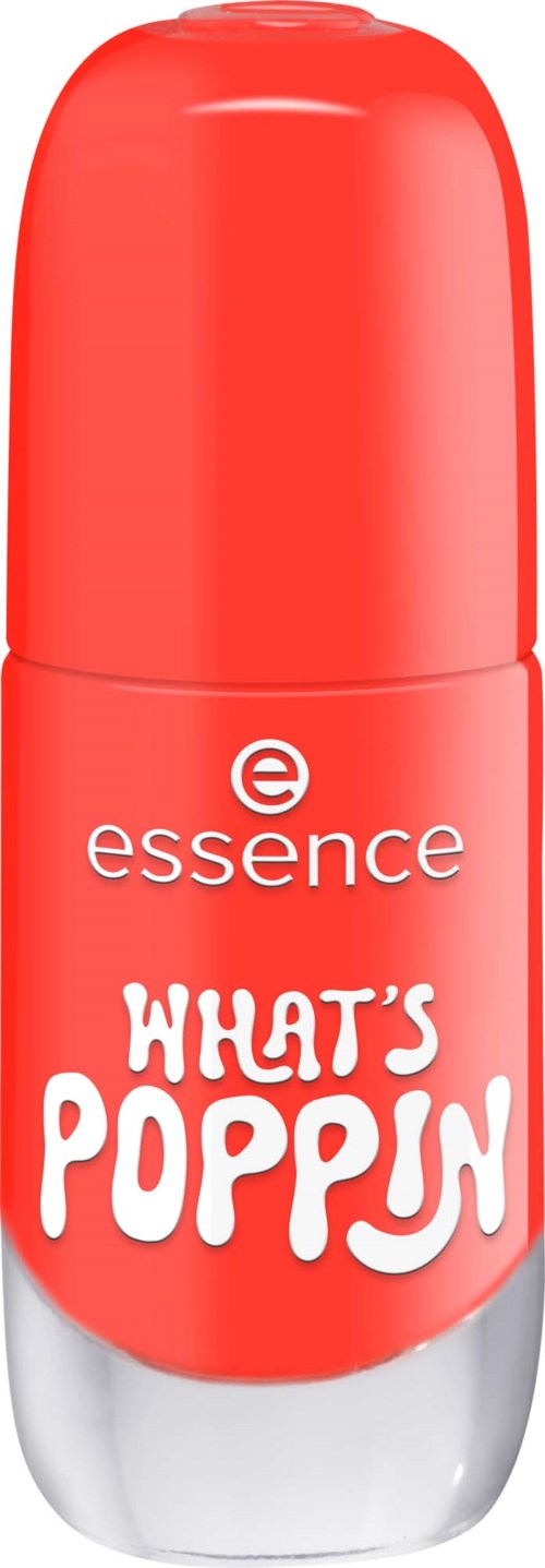 Red lip balm tube with the words essence and What's Poppin on it.