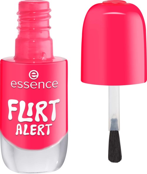 Pink nail polish bottle with a black brush and cap, labeled Essence Flirt Alert.