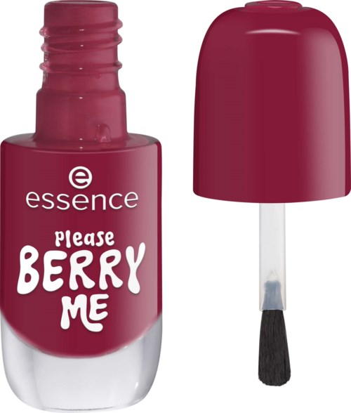A pink nail polish bottle with a cap and brush, labeled Please Berry Me by essence.