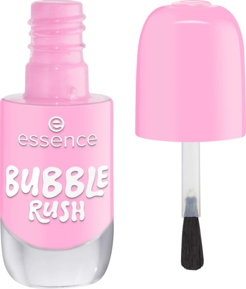 Pink nail polish bottle with a brush, labeled Bubble Rush by Essence.
