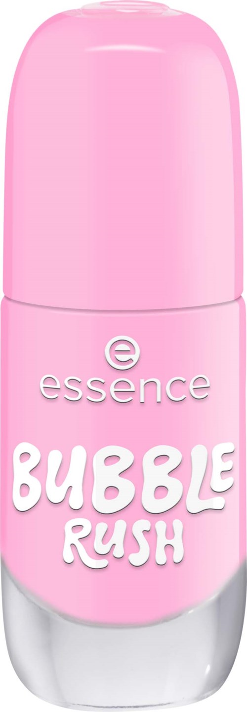Pink roll-on perfume with white text: essence BUBBLE RUSH.