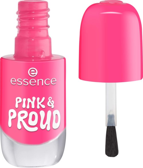 Pink nail polish bottle with a cap and brush, labeled Pink & Proud, by essence. Bright pink color.