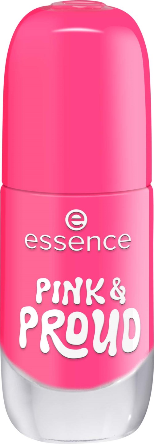 A pink deodorant stick with white and silver accents, labeled essence pink and proud.