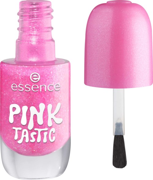 A pink nail polish bottle with cap and brush next to it, labeled essense PINK TASTIC.