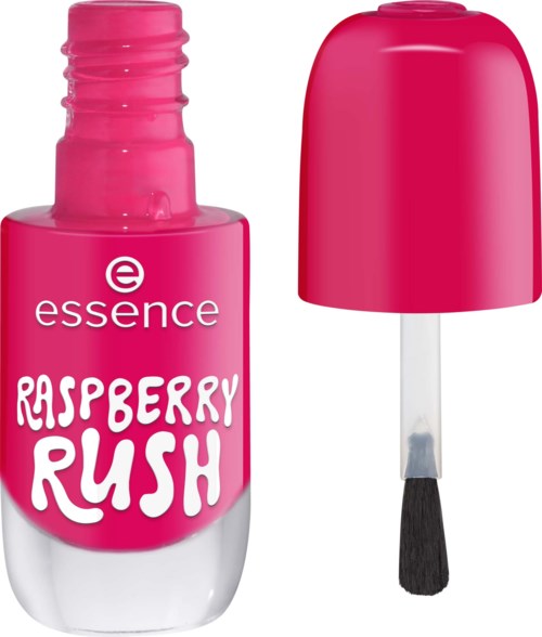 Pink nail polish bottle with a cap, labeled Essence Raspberry Rush, and a brush applicator.