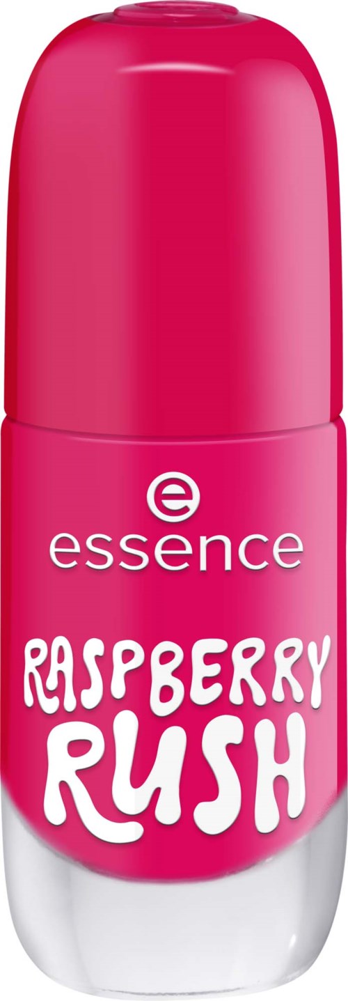A pink roll-on deodorant labeled Essence Raspberry Rush with white text and a silver cap.