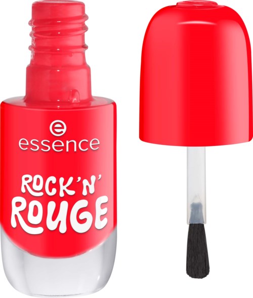 Red nail polish bottle with a separate brush cap, labeled Rock'n'Rouge, by Essence.