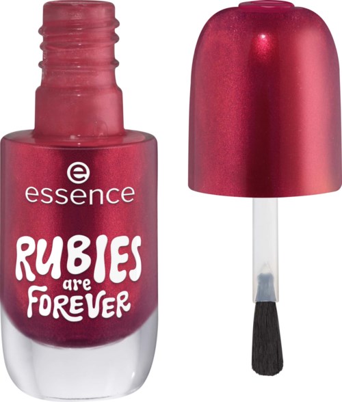 A red nail polish bottle with white text that says purposeful words and a matching cap.