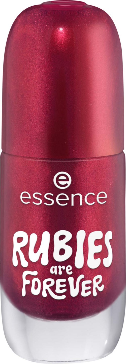 A red lipstick tube with the words Essence and Rubies are Forever on it.