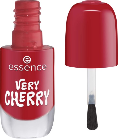A red nail polish bottle labeled Very Cherry with a matching cap and brush.