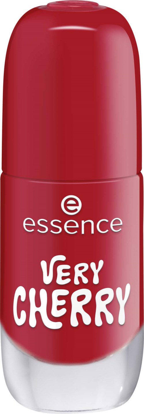 A red roll-on deodorant bottle labeled essence Very Cherry with a silver bottom.