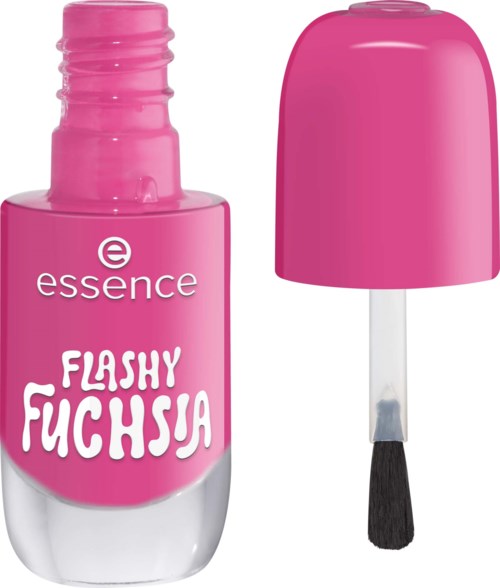 Pink nail polish bottle with a brush, labeled Flashy Fuchsia by Essence, open with the brush inside.
