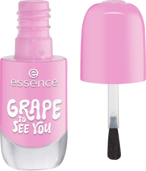 Pink nail polish bottle with a cap, label says Grape to See You. Brush inside related to nail polish.