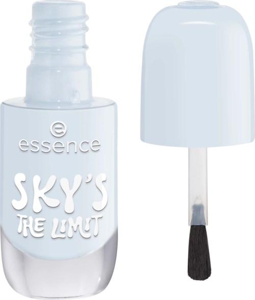 Nail polish bottle with a white cap, labeled Sky's The Limit, by Essence.