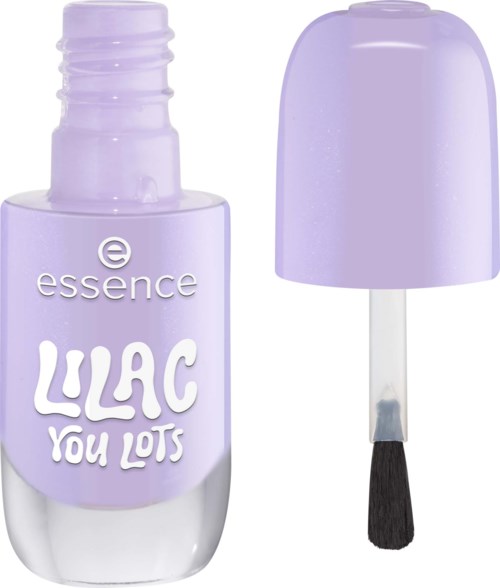 Nail polish bottle with purple color and a separate purple top cover. Text on bottle says Essence Lilac You Lot.