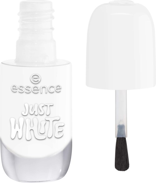 A nail polish bottle labeled Just White with its brush and cap beside it.