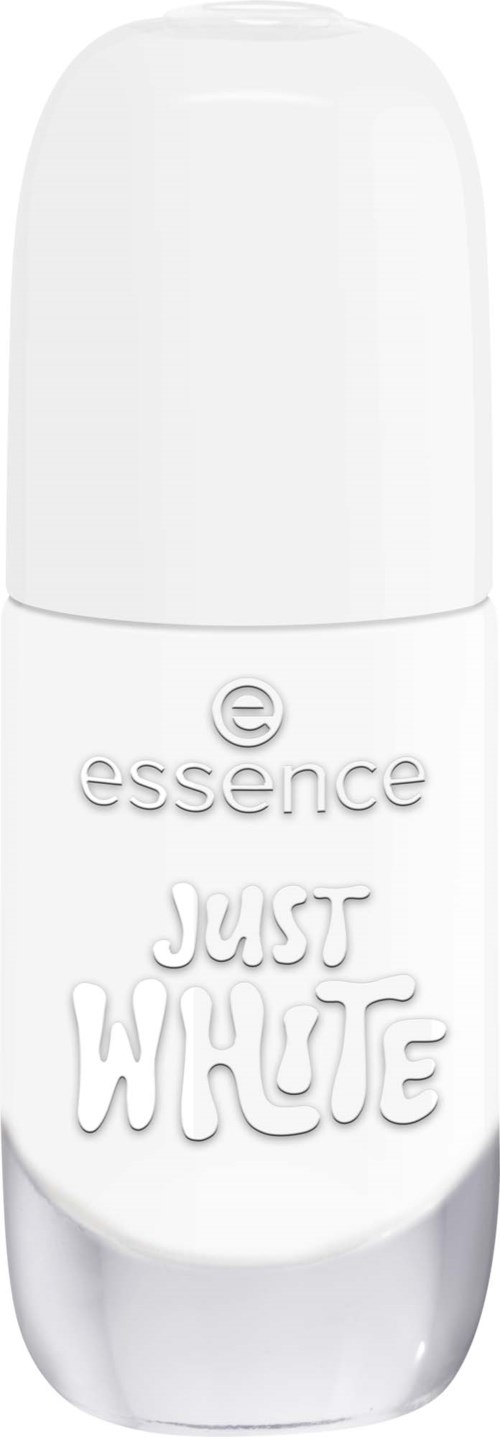 A white cylindrical deodorant stick with the words essence and just white written on it.