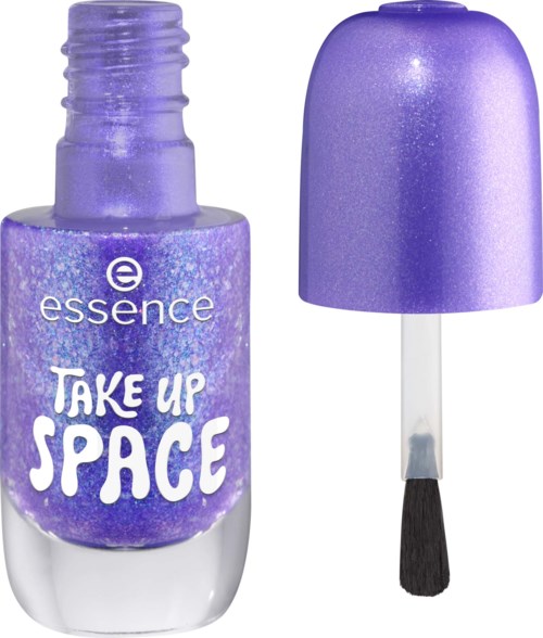 Purple nail polish bottle with a cap and brush, labeled Take Up Space. Shiny and glittery pinkish-purple color.