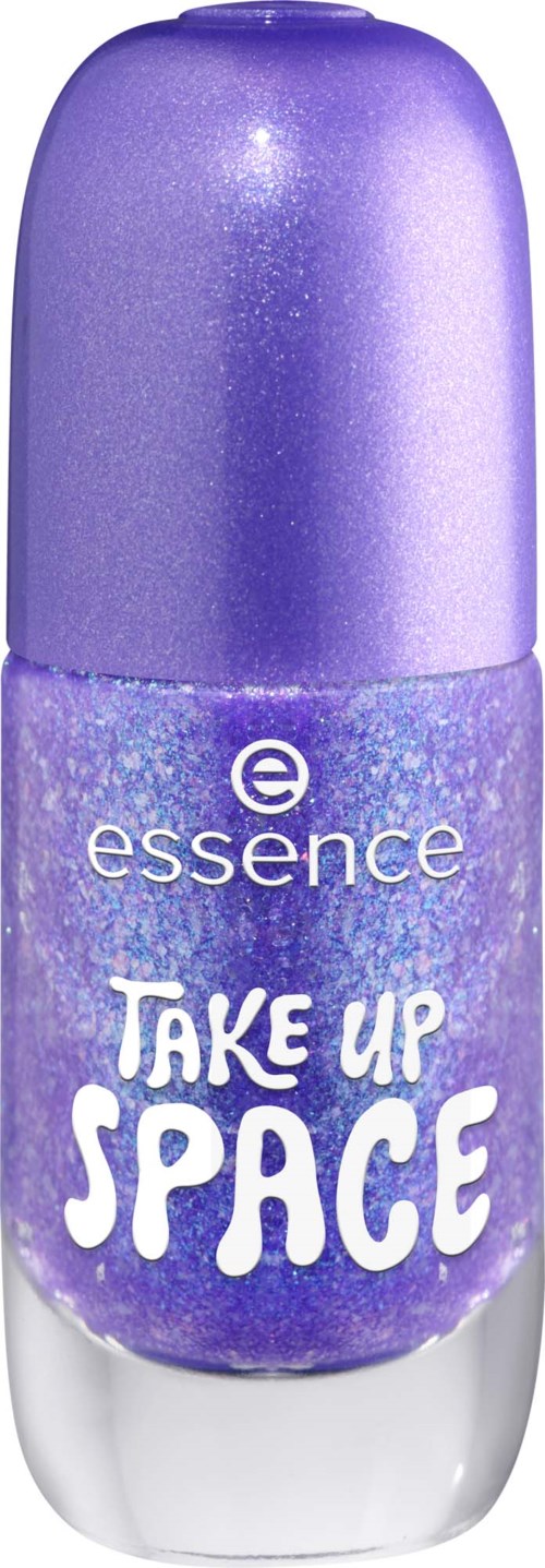 A purple nail polish bottle with a sparkly finish and white text saying Take Up Space.