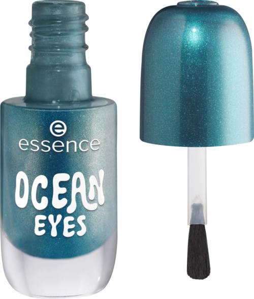 A bottle of teal nail polish with a matching cap and brush. The label reads Ocean Eyes by Essence.