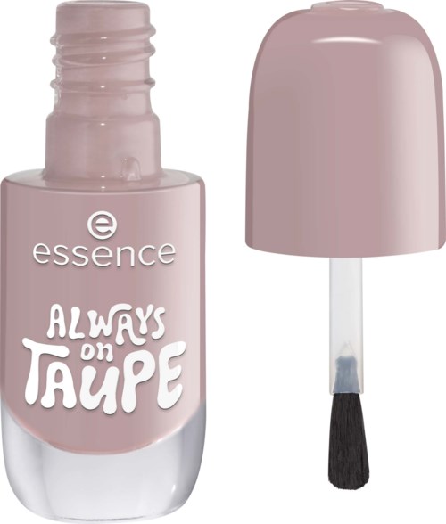 Pink nail polish bottle with a brush and cap. The label says Essence Always on Taupe.