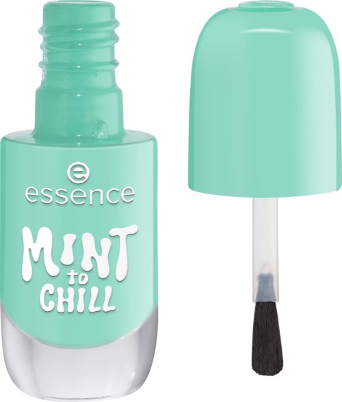 A mint-colored nail polish bottle with a cap that has a built-in brush attached.