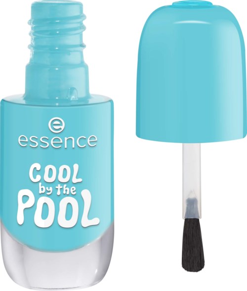 Blue nail polish bottle with a cap and brush, labeled Essence Cool by the Pool.