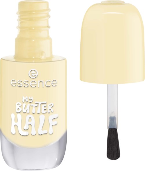 A yellow nail polish bottle with its cap removed, showing the brush inside. The label reads My Butter Half.