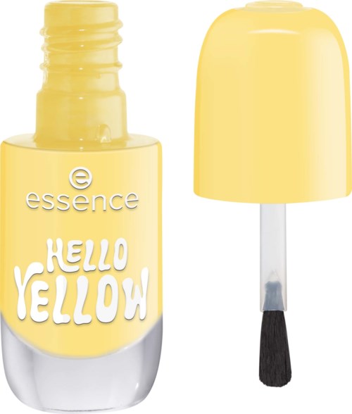 Yellow nail polish bottle with a black brush, labeled Hello Yellow, by Essence.