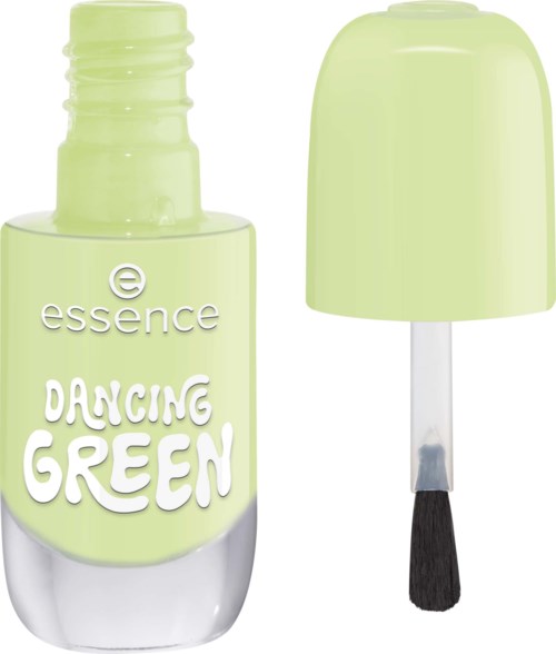 A green nail polish bottle with a brush, labeled Dancing Green, and its cap beside it.