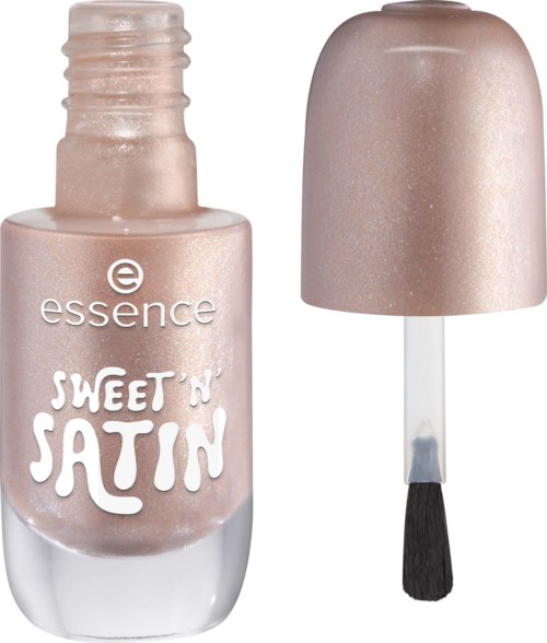 A nail polish bottle with a brush attached and a light pink, shimmery color. The label shows 'essence SWEET'n SATIN.'