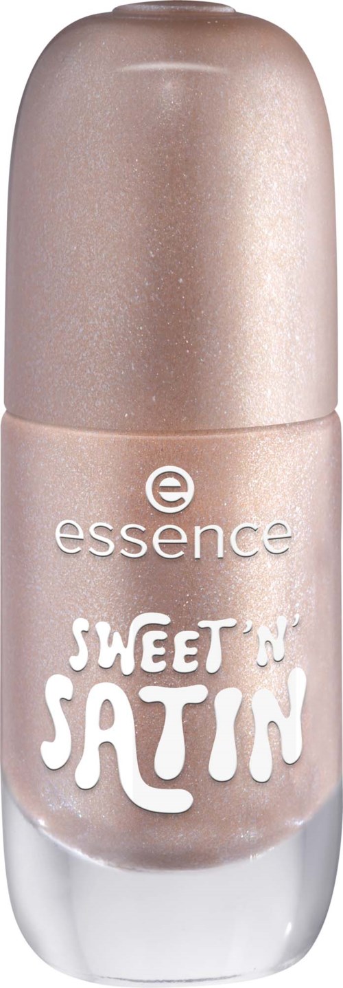 A bottle of Essence Sweet'n Satin nail polish in a soft pink shade with a shiny cap.
