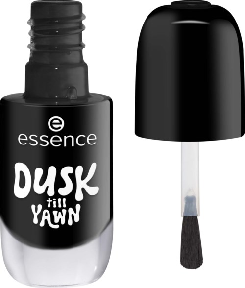 A black nail polish bottle with a cap and brush, labeled Essence Dusk Till Yawn.