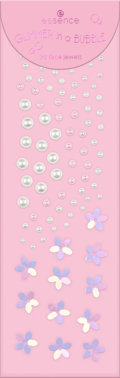 Rosa förpackning med vita pärlliknande bubblor och lila och vita fjärilsdekorationer.