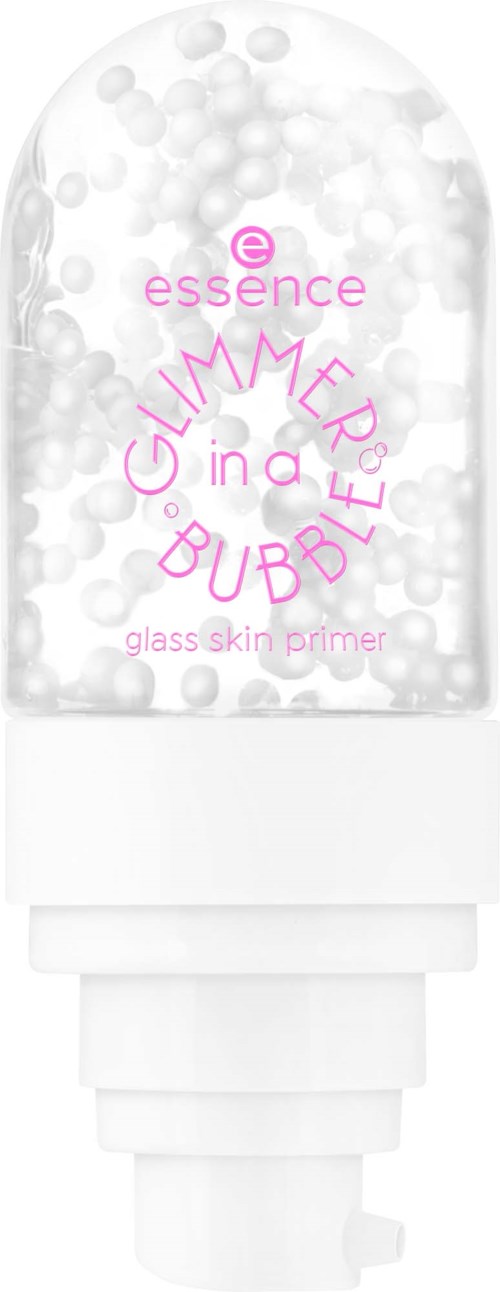 En klar flaske med bobler, merket essence Gimme in a Bubble glass skin primer, med rosa tekst.