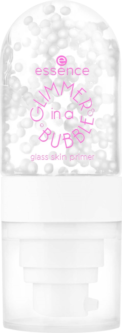 En klar flaske med bobler inni, merket 'Glimmer in a Bubble' glass skin primer fra essence.