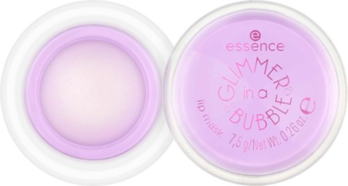 To små runde beholdere med rosa og lilla etiketter, den ene viser en maske og den andre har tekst om et produkt.