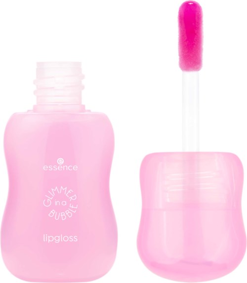 Rosa leppeglansflaske med applikator, liten og søt design.