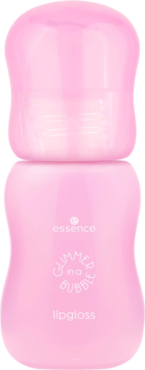 Rosa flaske med avrundet topp, merket som essence GlamPore og Bubble leppglans.